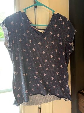 Laura Ashley Navy Blue V-Neck Short Sleeve Floral Print Top and pant SET